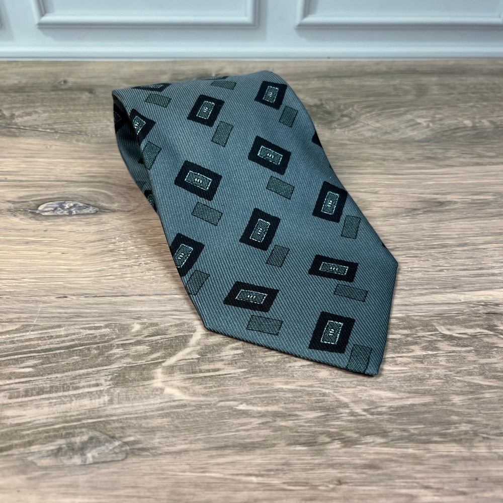 Biella G Vasta Collezioni Tie Mens Gray Silk Black Geometric Pattern Italy